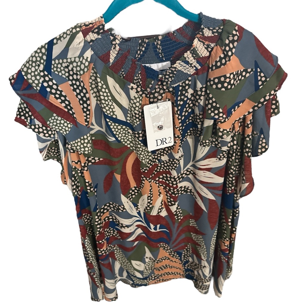 NWT DR2 Blue and Brown Flutter Sleeve Blouse keyhole in front size 3x cute